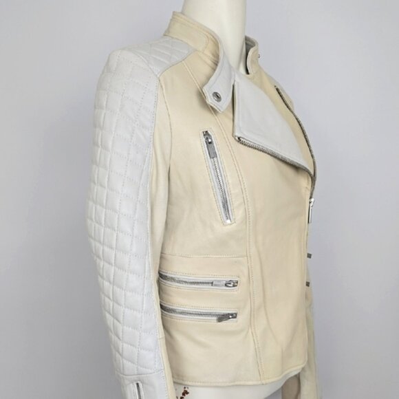 BCBGMAXAZRIA Women's Cream Quilted Biker Leather Lined Jacket Zippers Size Small - Picture 4 of 16